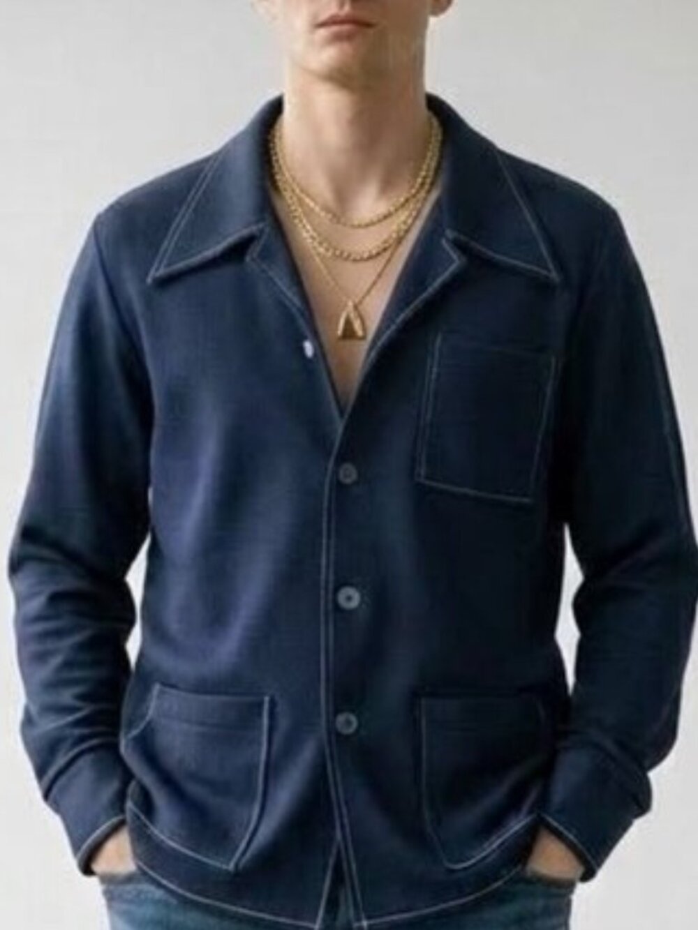 Vintage 70s Wide Collar Disco Polyester Blue Safari Lounge Shirt Jacket Men's M